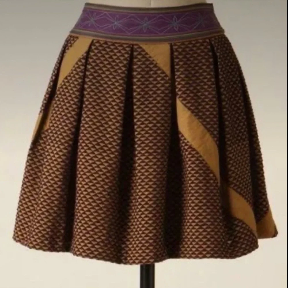 PANKAJ & NIDHI Anthropologie Mini Skirt Full Jaccard Purple Brown Quilted Boho